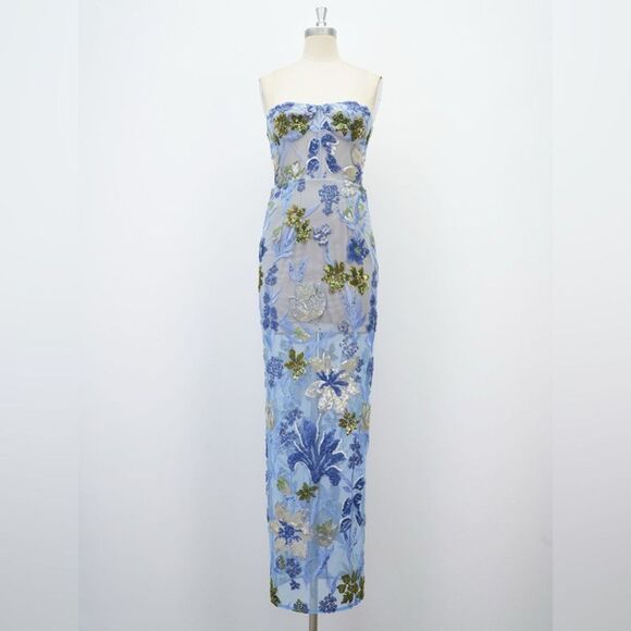 NWOT Bronx and Banco Dahlia Sequin Floral Column Gown in Baby Blue, size XS,S - Picture 8 of 16